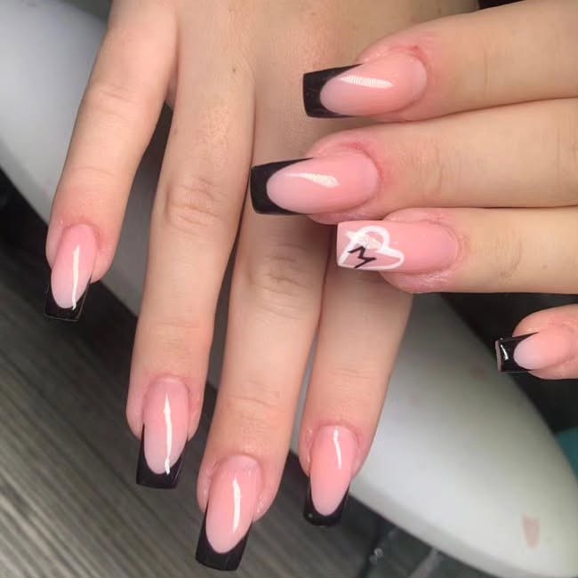 Modern Black French Tips with Accent Art