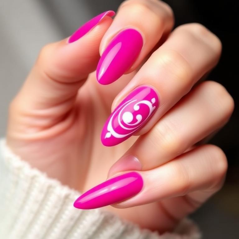 Vibrant Magenta Almond Nails with Swirl Art